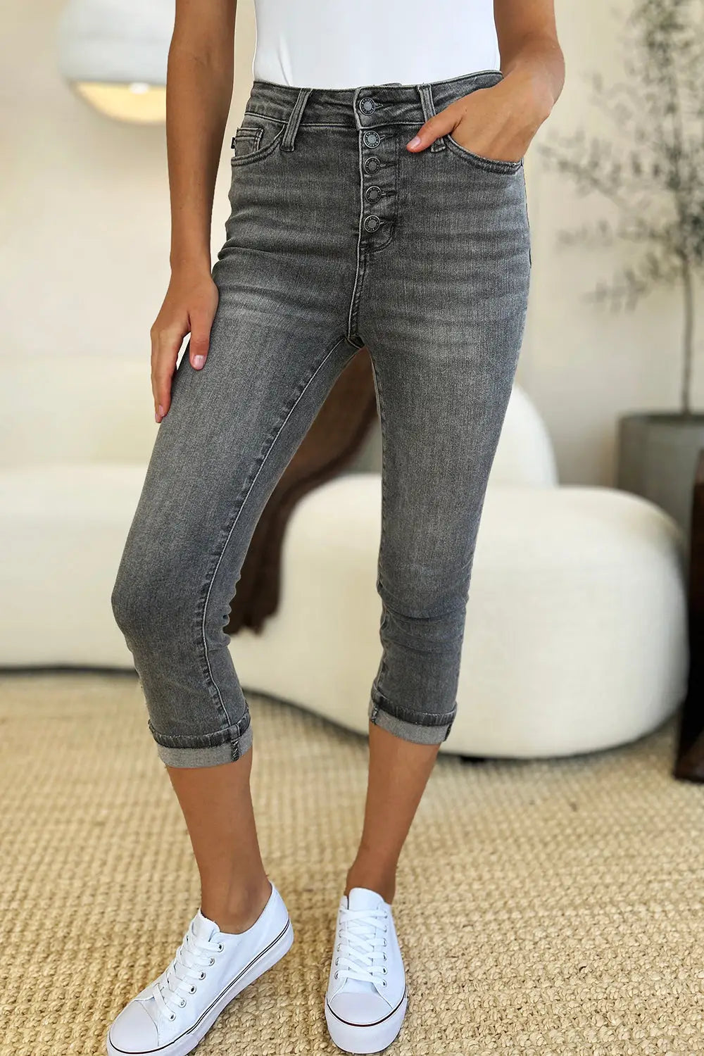 Button Fly High Waist Cuffed Capris - Eclectage