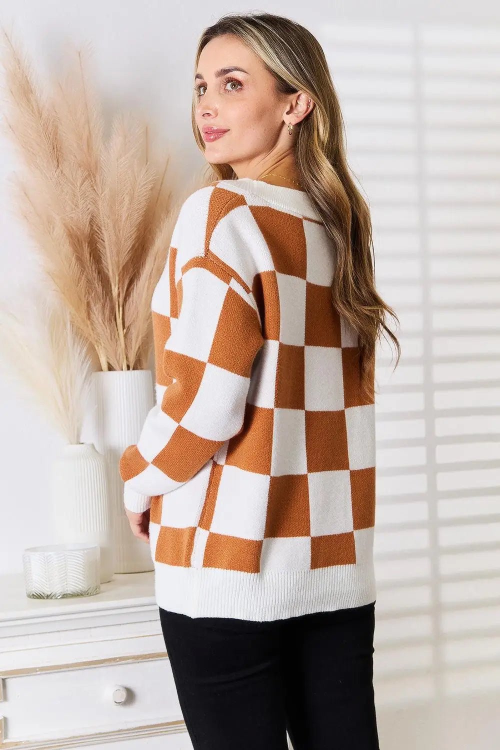 Button - Up Checkered Cardigan Sweater - Cardigans