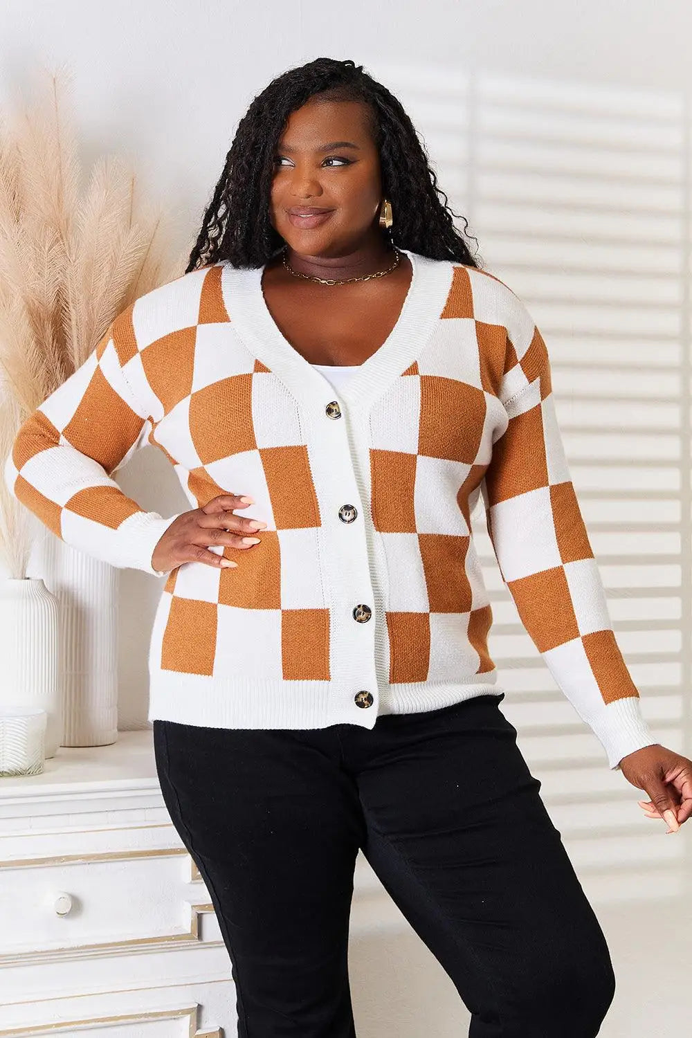 Button - Up Checkered Cardigan Sweater - Cardigans