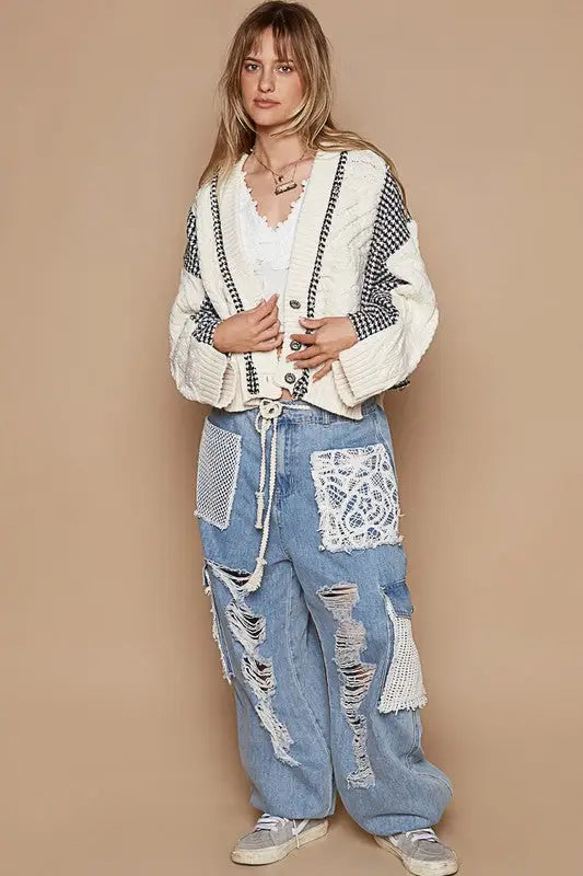 Cable-Knit Plaid Cardigan - Eclectage