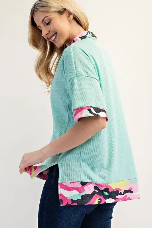 Camouflage Trim Waffle Side Slit Top - Tops