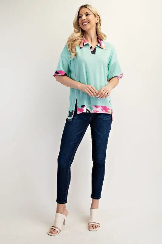 Camouflage Trim Waffle Side Slit Top - Tops
