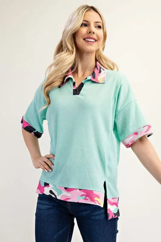 Camouflage Trim Waffle Side Slit Top - Tops