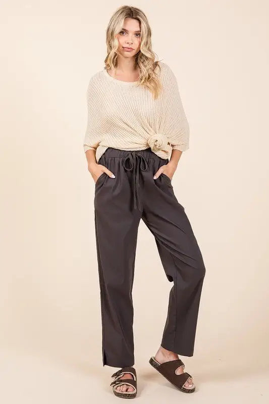 Charcoal Paperbag Waist Straight Pants - Pants