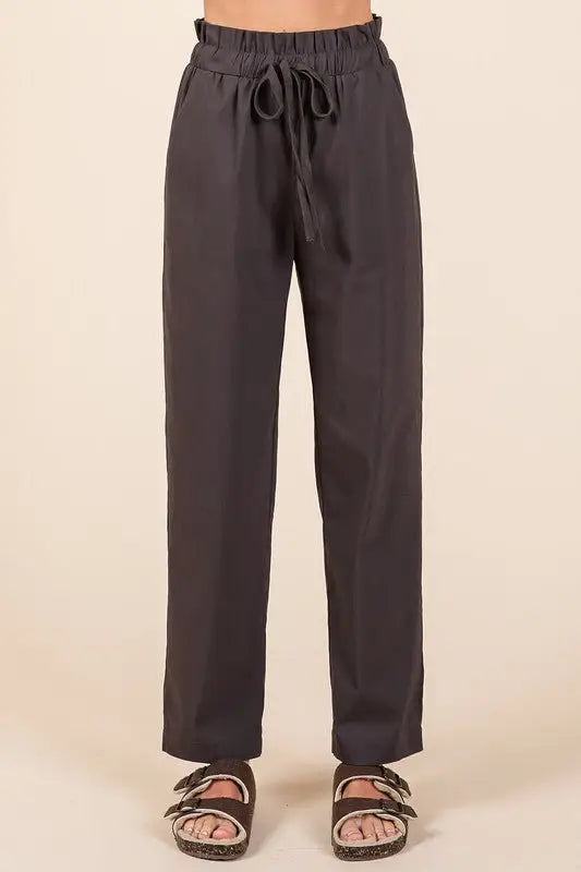 Charcoal Paperbag Waist Straight Pants - Pants