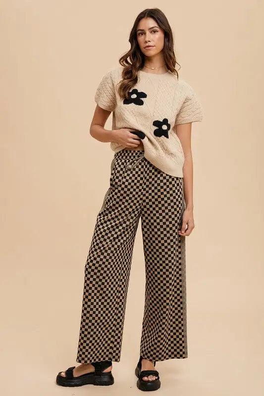 Checkered Wide Leg Camel Pants - Eclectage