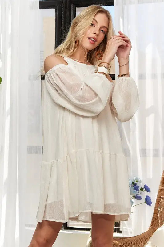 Cold Shoulder Balloon Sleeve Mini Dress - Eclectage