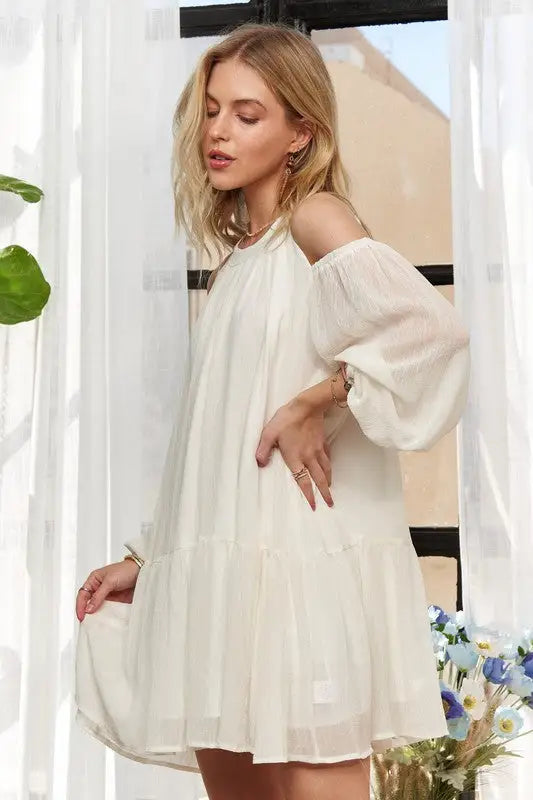 Cold Shoulder Balloon Sleeve Mini Dress - Eclectage