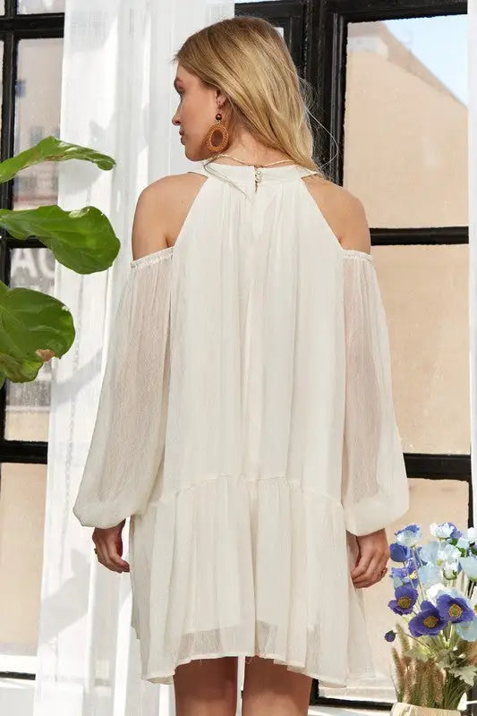 Cold Shoulder Balloon Sleeve Mini Dress - Eclectage