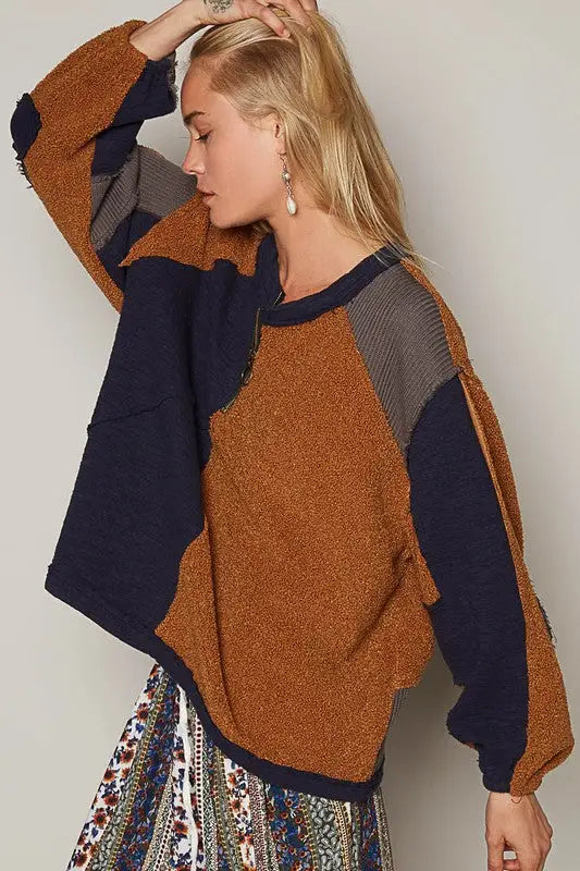 POL Color Block Half Zip Dropped Shoulder Sweatshirt - Eclectage