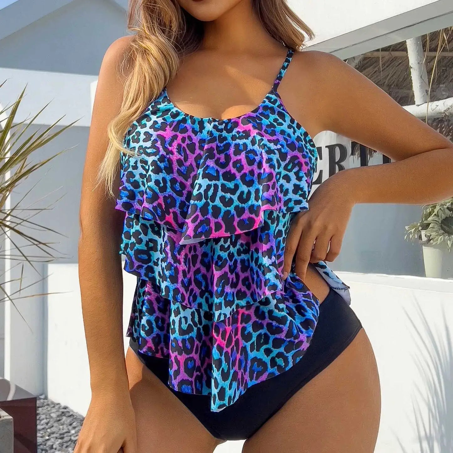 Colorful Leopard Printed Two Piece Swimsuit Tankini