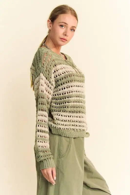 Contrast Striped Crochet Knit Sweater - Eclectage
