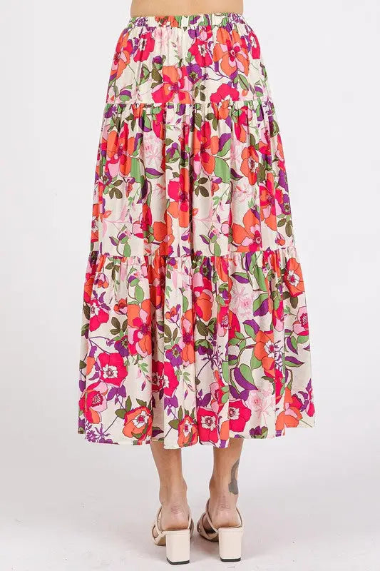Coral Floral Print Tiered Skirt