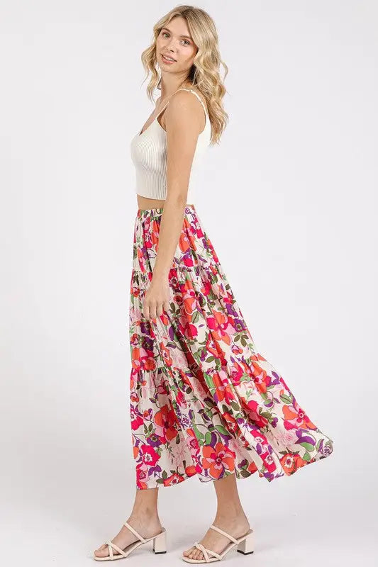 Coral Floral Print Tiered Skirt