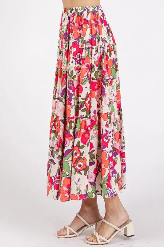 Coral Floral Print Tiered Skirt