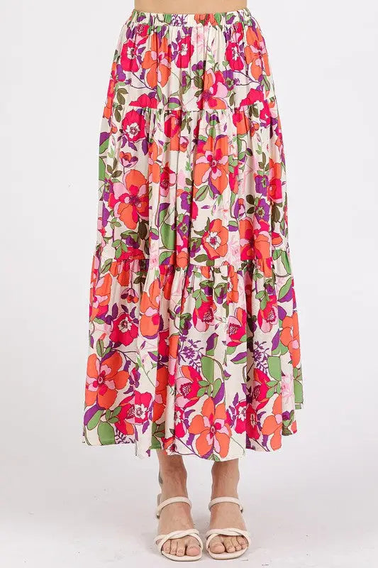 Coral Floral Print Tiered Skirt