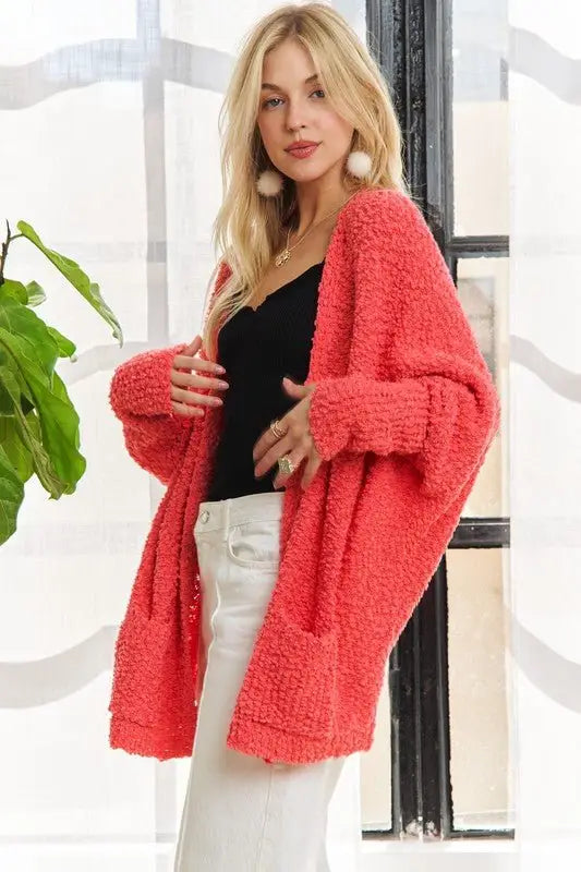 Coral Popcorn Knit Cardigan - Cardigans