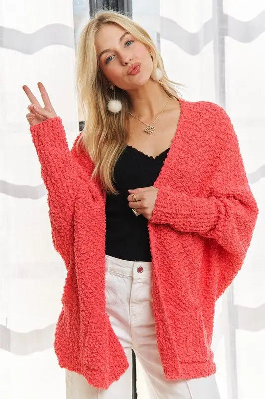 Coral Popcorn Knit Cardigan - Cardigans