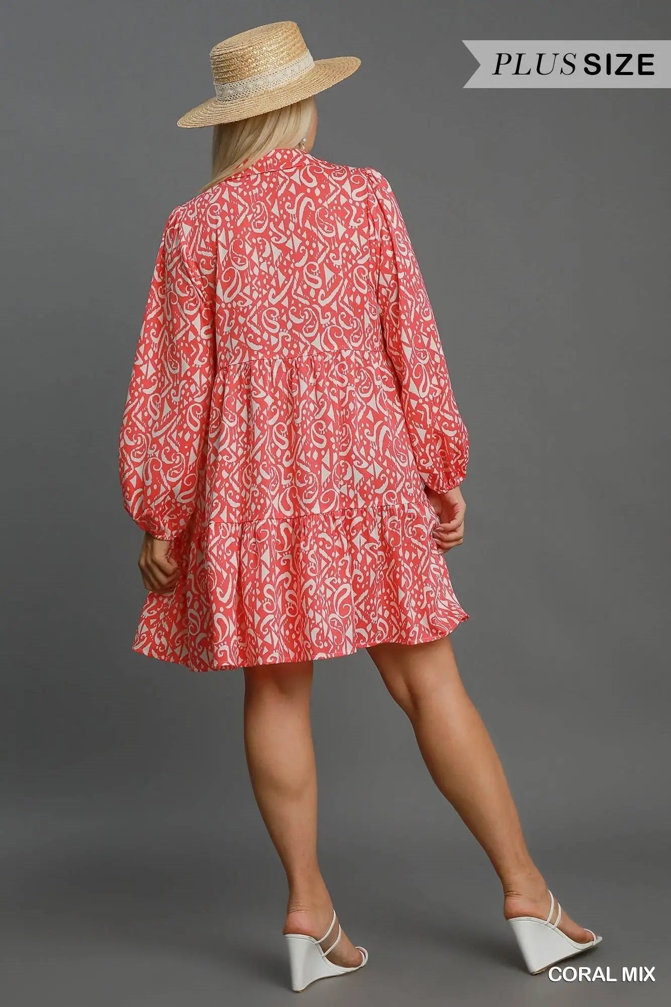 Coral Print Balloon Sleeve Tiered Dress - Mini Dresses