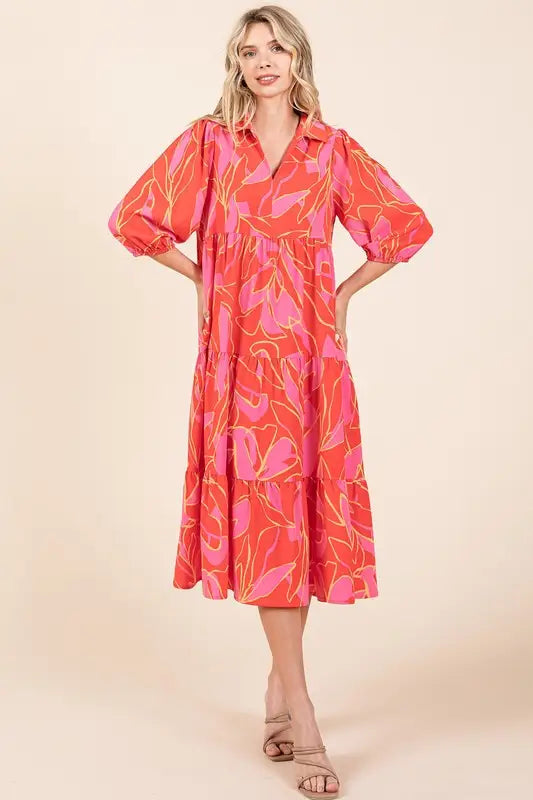 Coral Printed Midi Dress - Eclectage