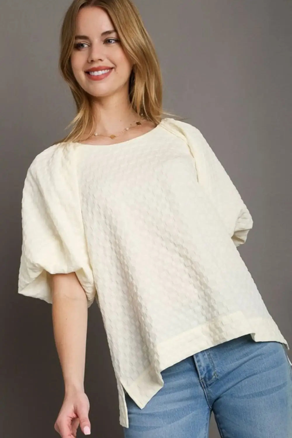 Umgee Full Size Boxy Cut Jacquard Round Neck Top with Side Slit Plus Size - Eclectage