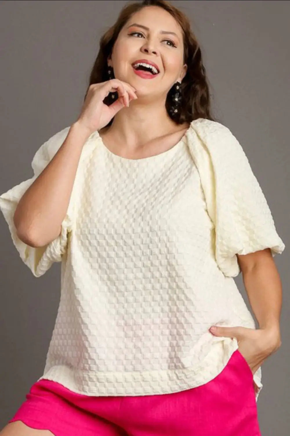Umgee Full Size Boxy Cut Jacquard Round Neck Top with Side Slit Plus Size - Eclectage