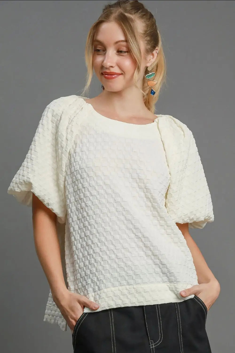 Umgee Full Size Boxy Cut Jacquard Round Neck Top with Side Slit Plus Size - Eclectage