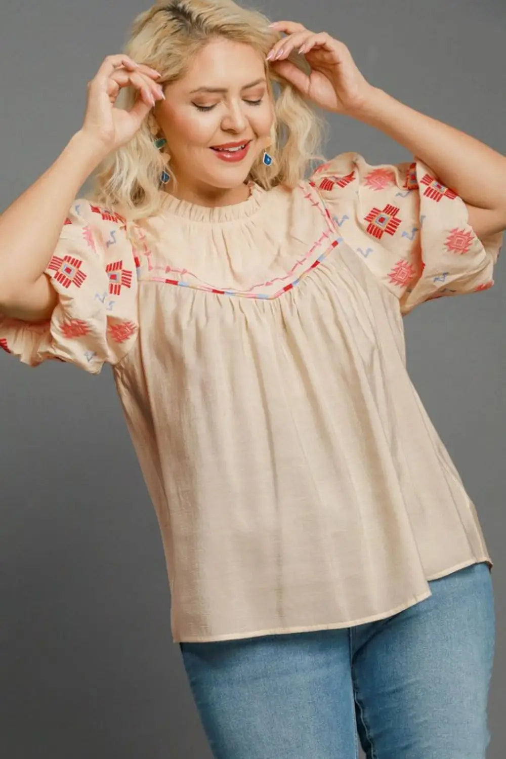 Cream Embroidered Puff Sleeve Top - Tops