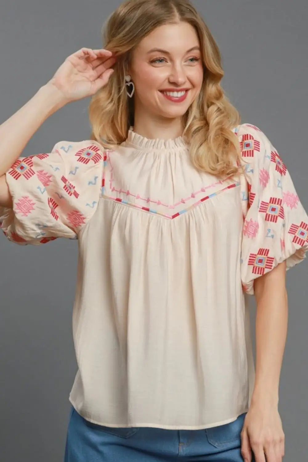 Cream Embroidered Puff Sleeve Top - Tops