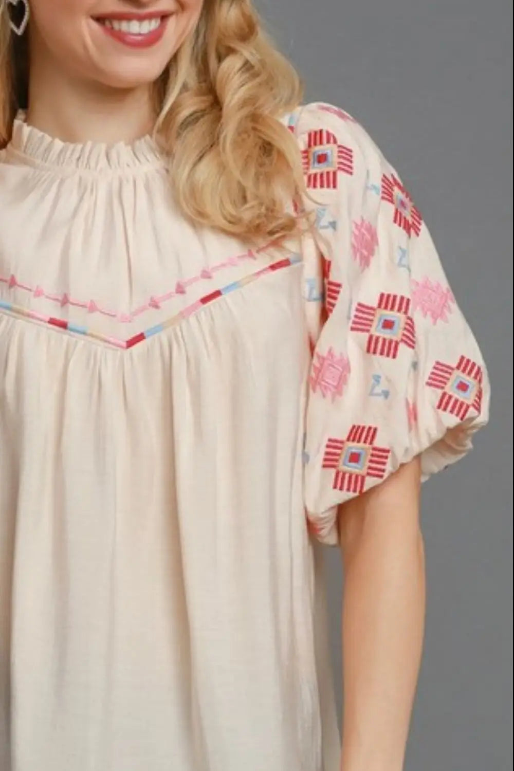 Cream Embroidered Puff Sleeve Top - Tops
