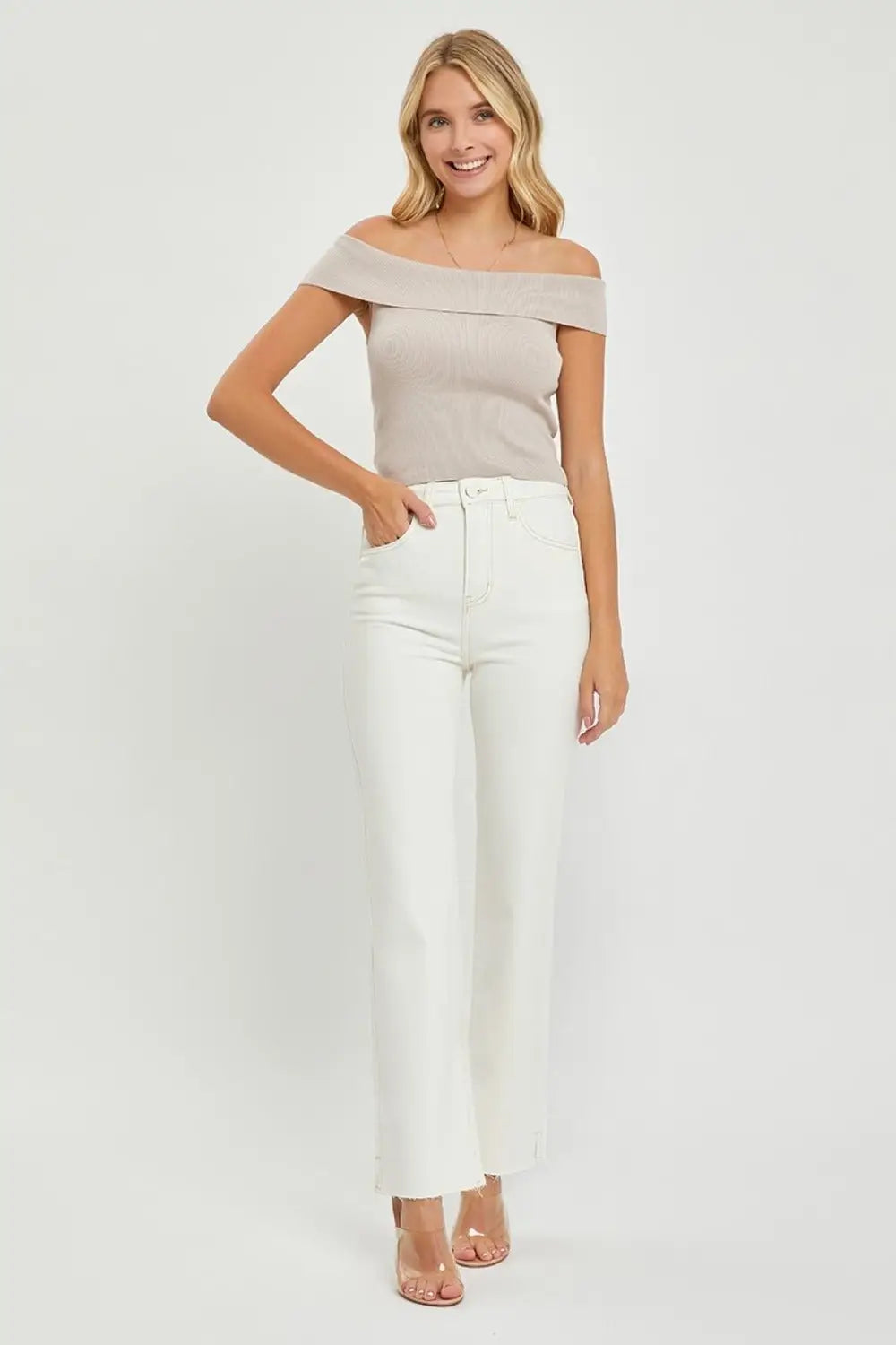 Cream High Rise Tummy Control Jeans - Jeans