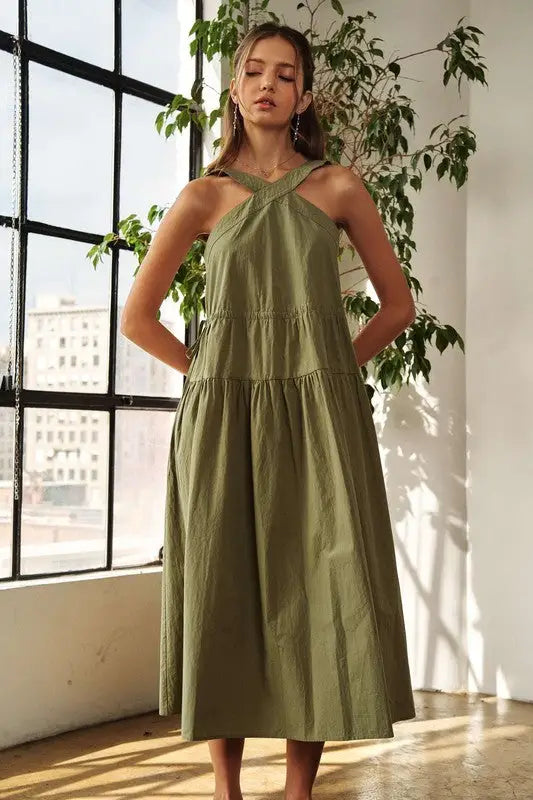Crisscross Wide Strap Drawstring Midi Dress - Eclectage