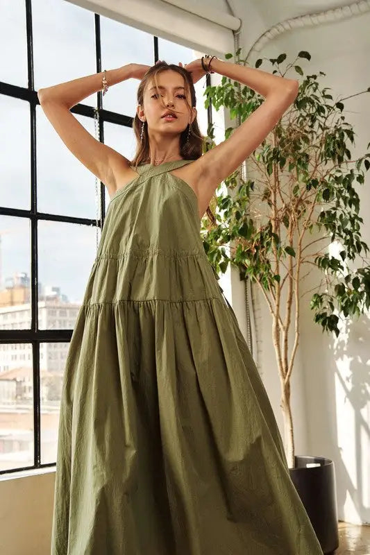 Crisscross Wide Strap Drawstring Midi Dress - Eclectage