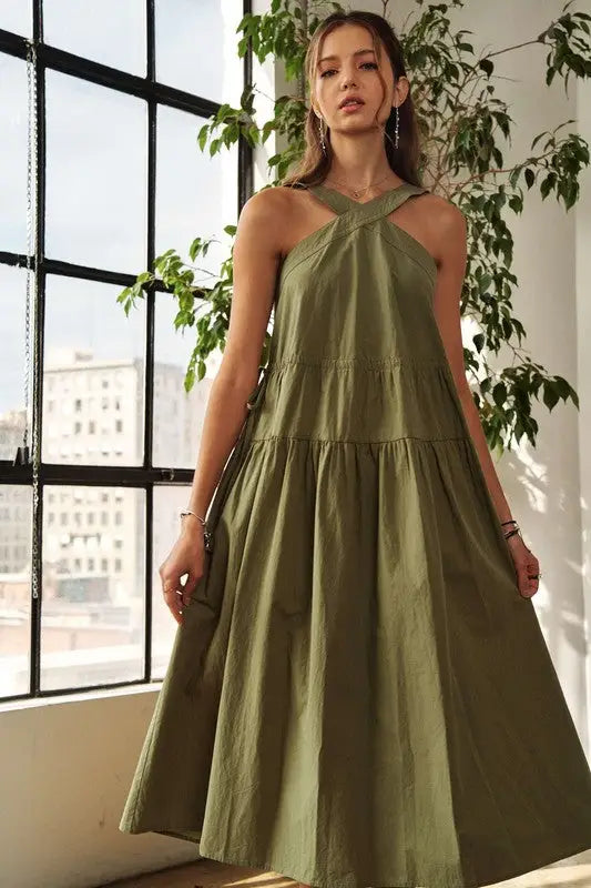 Crisscross Wide Strap Drawstring Midi Dress - Eclectage