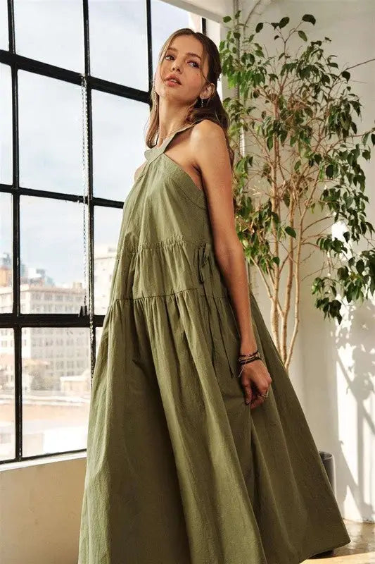 Crisscross Wide Strap Drawstring Midi Dress - Eclectage