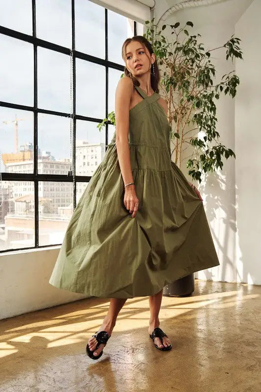 Crisscross Wide Strap Drawstring Midi Dress - Eclectage