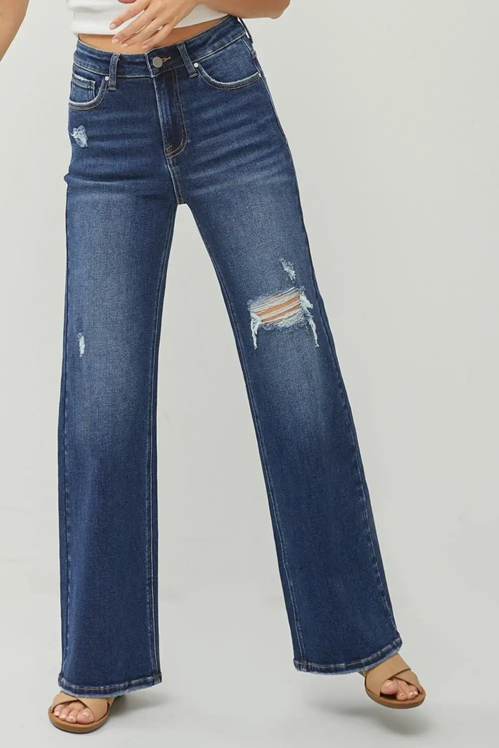 Dark Blue Distressed Wide Leg Jeans - Jeans