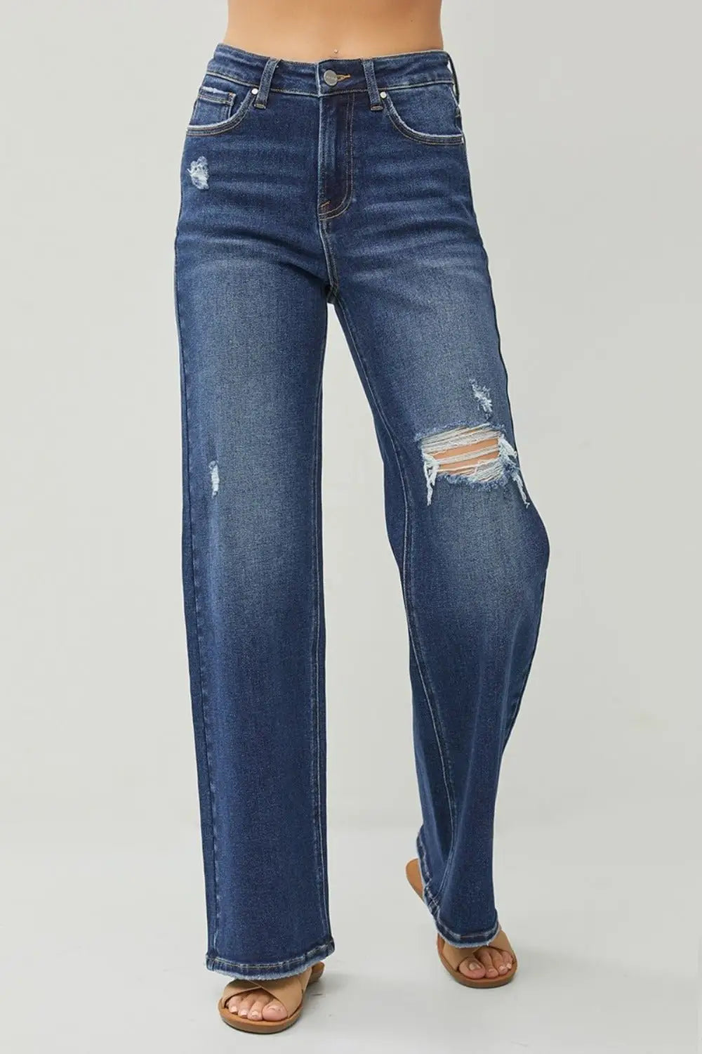 Dark Blue Distressed Wide Leg Jeans - Jeans