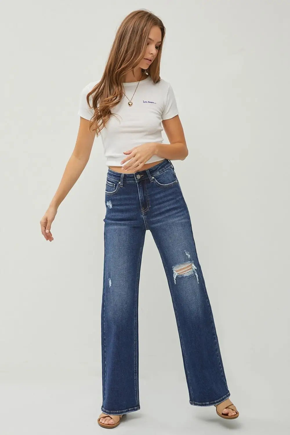 Dark Blue Distressed Wide Leg Jeans - Jeans
