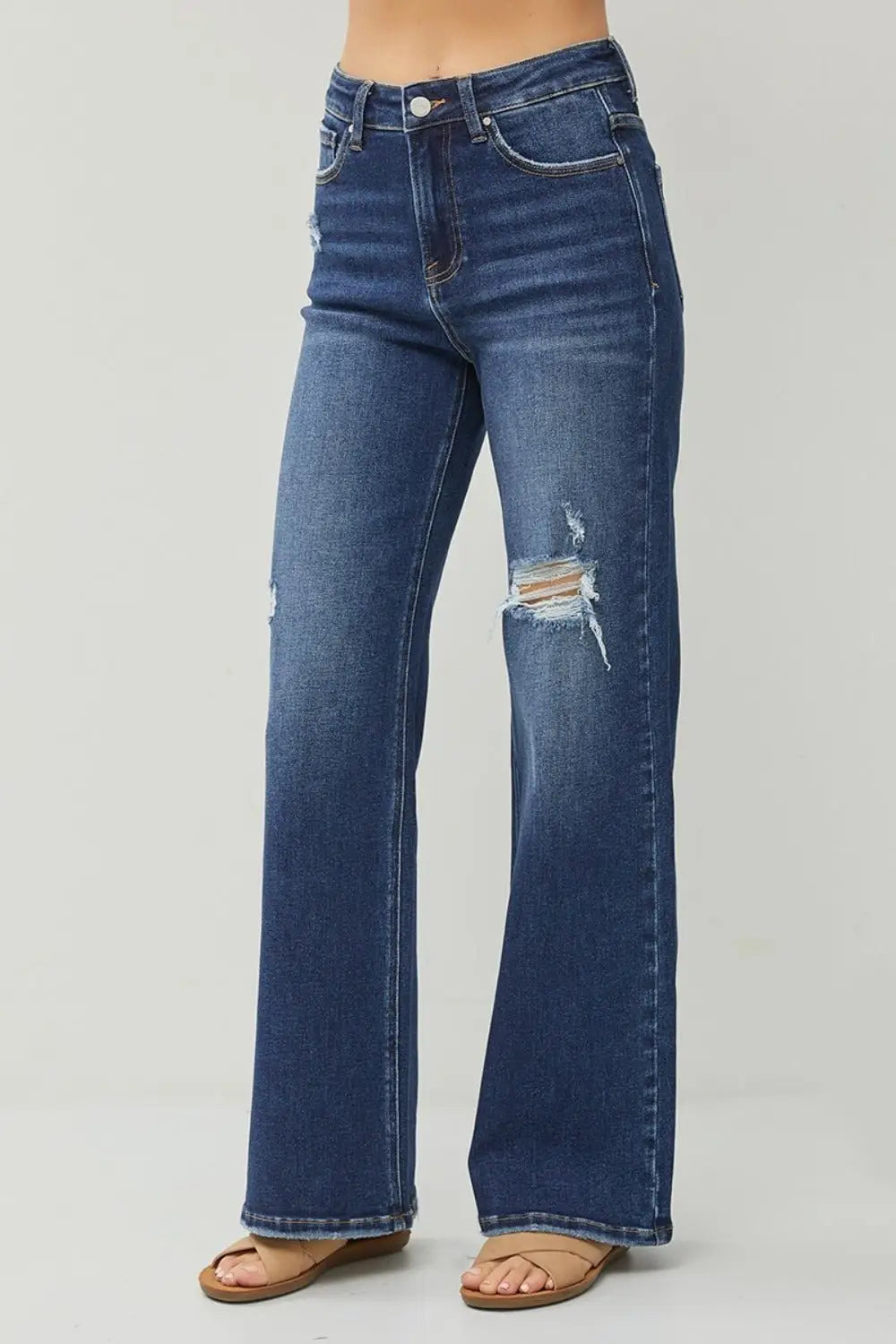Dark Blue Distressed Wide Leg Jeans - Jeans
