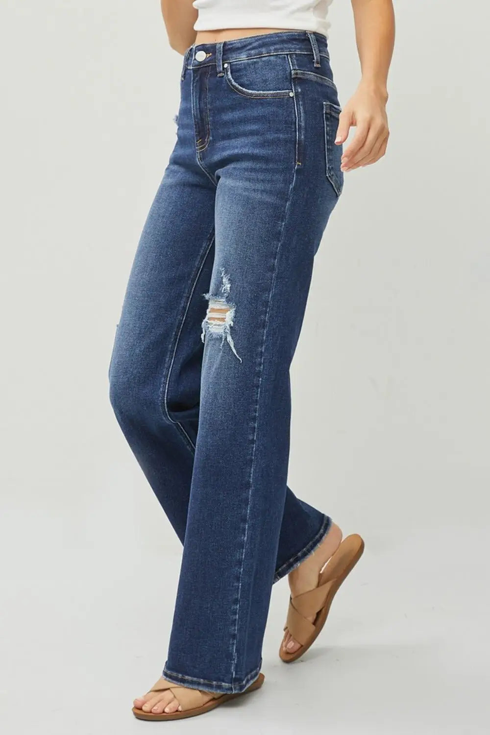 Dark Blue Distressed Wide Leg Jeans - Jeans