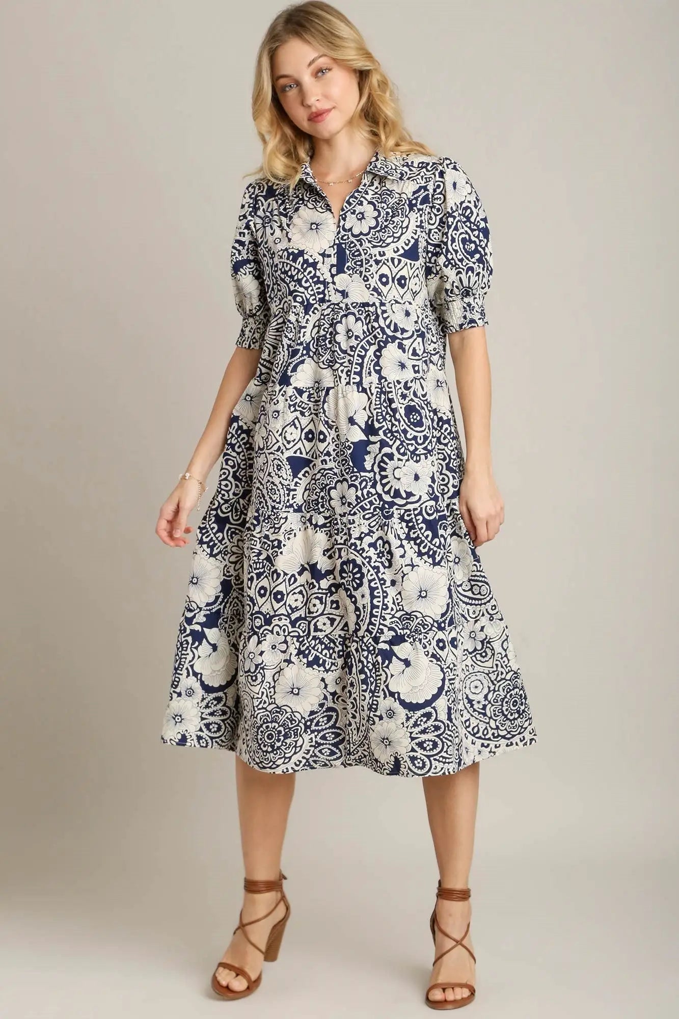 Dark Blue Printed Puff Sleeve Midi Dress - Midi Dresses
