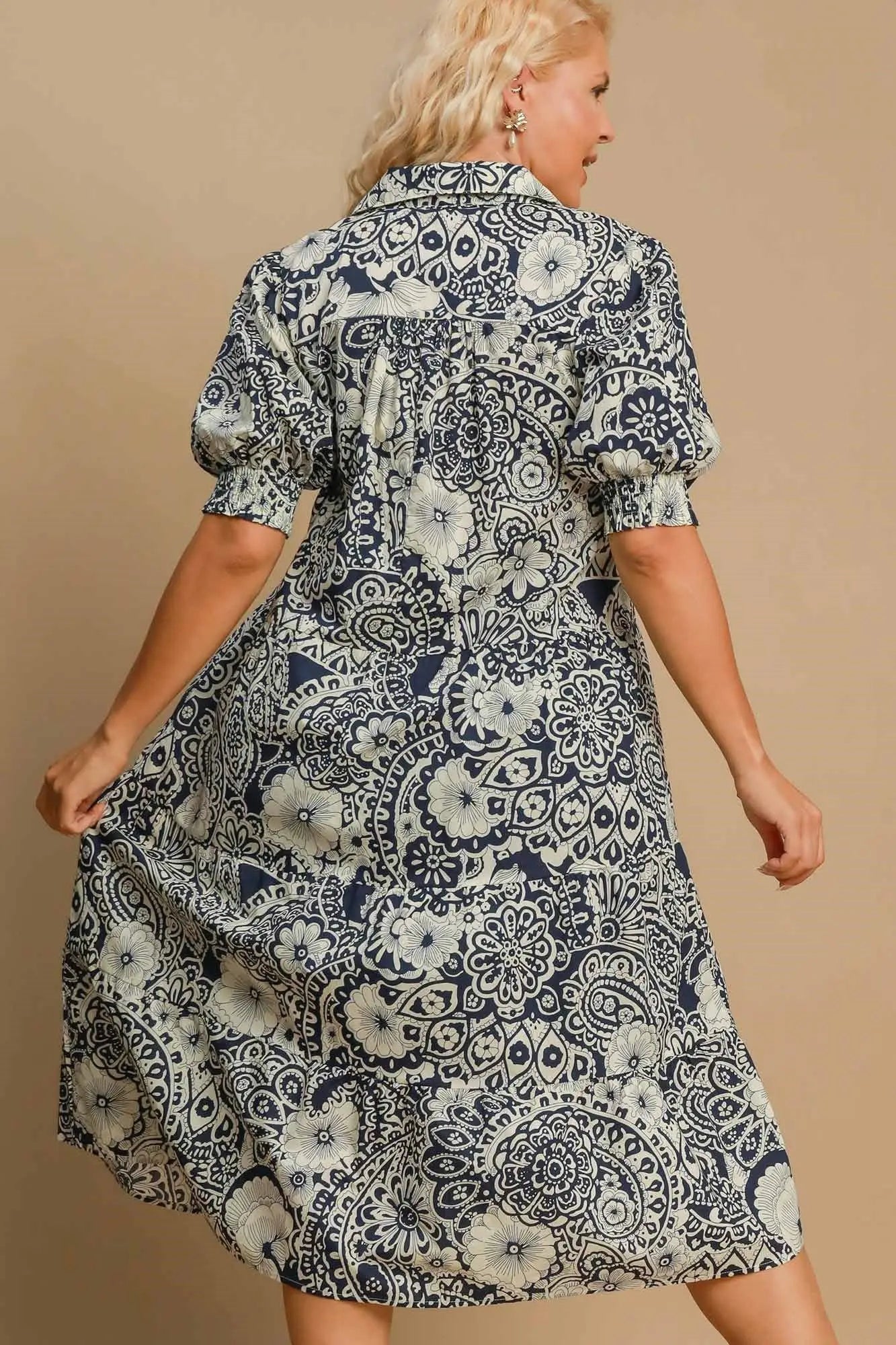 Dark Blue Printed Puff Sleeve Midi Dress - Midi Dresses
