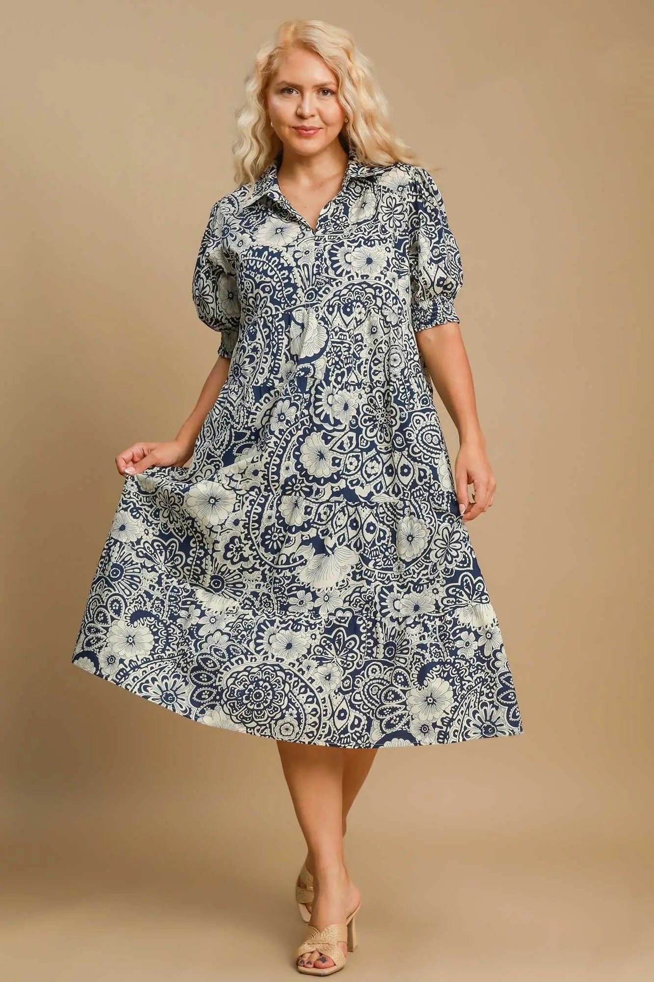 Dark Blue Printed Puff Sleeve Midi Dress - Midi Dresses
