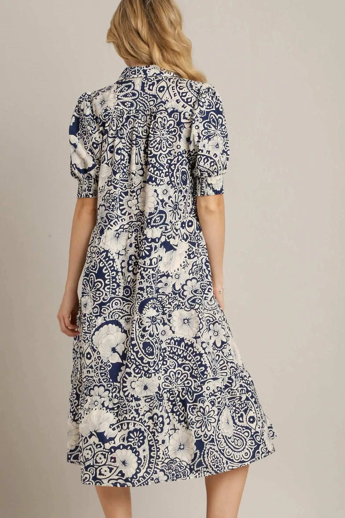 Dark Blue Printed Puff Sleeve Midi Dress - Midi Dresses