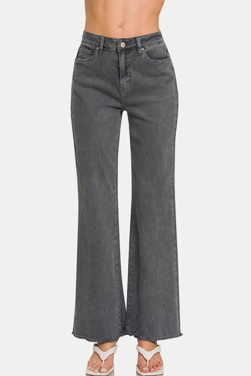 Dark Gray Acid Washed Frayed Hem Jeans - Eclectage