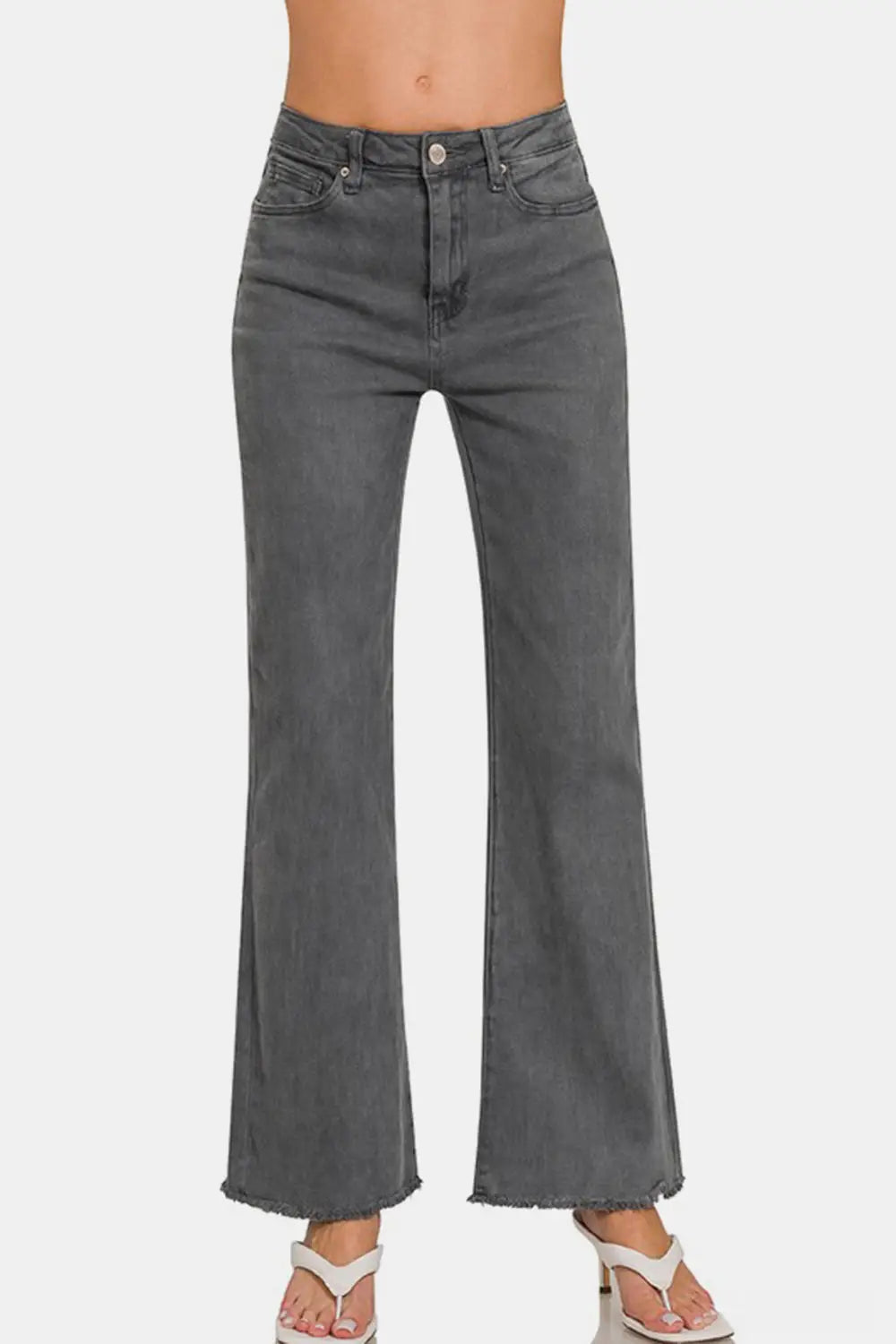 Dark Gray Acid Washed Frayed Hem Jeans - Eclectage