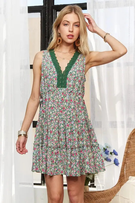 Dark Green Lace Detail Sleeveless Mini Dress - Eclectage