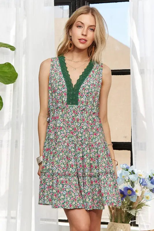 Dark Green Lace Detail Sleeveless Mini Dress - Eclectage