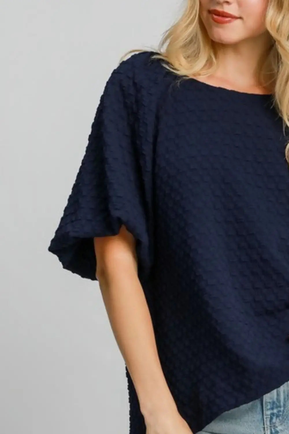 Umgee Full Size Boxy Cut Jacquard Round Neck Top with Side Slit Plus Size - Eclectage